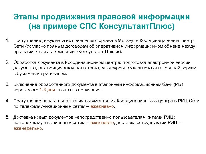 Этапы продвижения правовой информации (на примере СПС Консультант. Плюс) 1. Поступление документа из принявшего