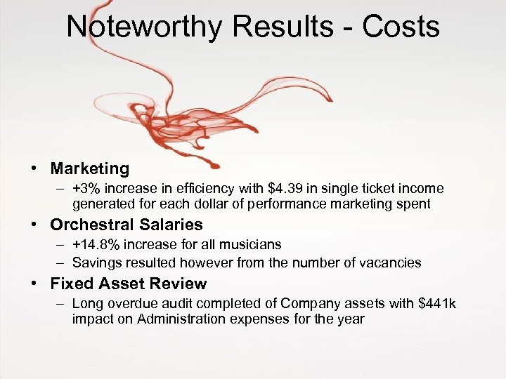 Noteworthy Results - Costs • Marketing – +3% increase in efficiency with $4. 39