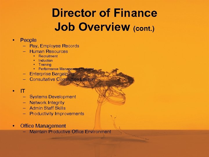 Director of Finance Job Overview (cont. ) • People – Pay, Employee Records –