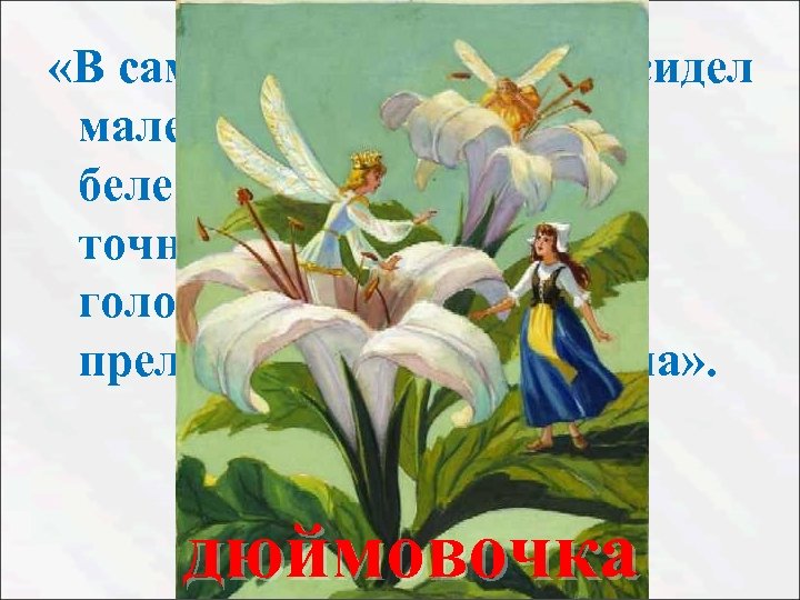  «В самой чашечке цветка сидел маленький человечек, беленький и прозрачный, точно хрустальный. На