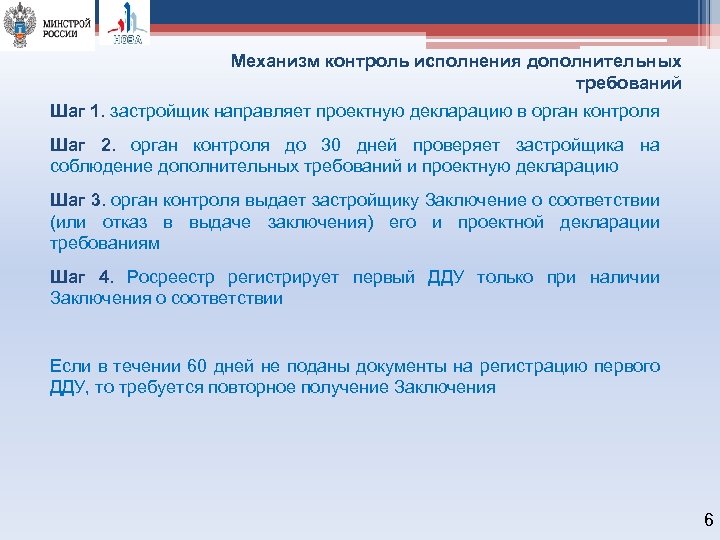 Механизм контроль исполнения дополнительных требований Шаг 1. застройщик направляет проектную декларацию в орган контроля