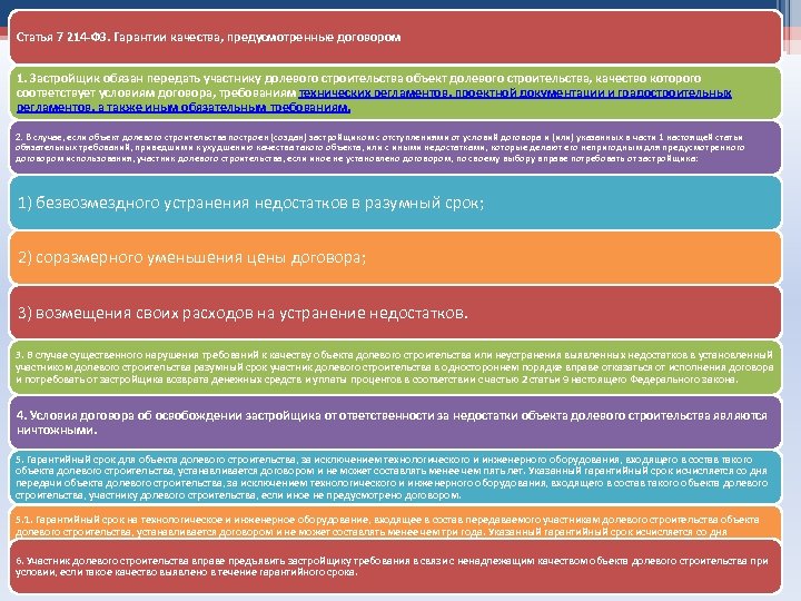 Статья 7 214 -ФЗ. Гарантии качества, предусмотренные договором 1. Застройщик обязан передать участнику долевого