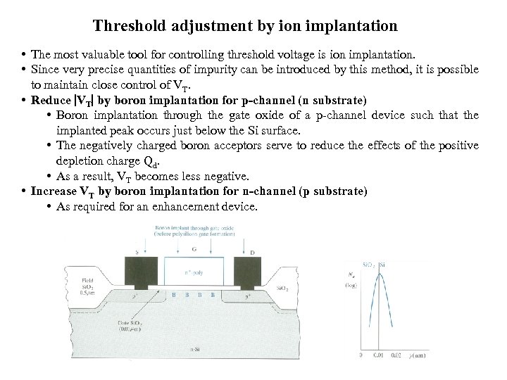 Threshold adjustment by ion implantation • The most valuable tool for controlling threshold voltage