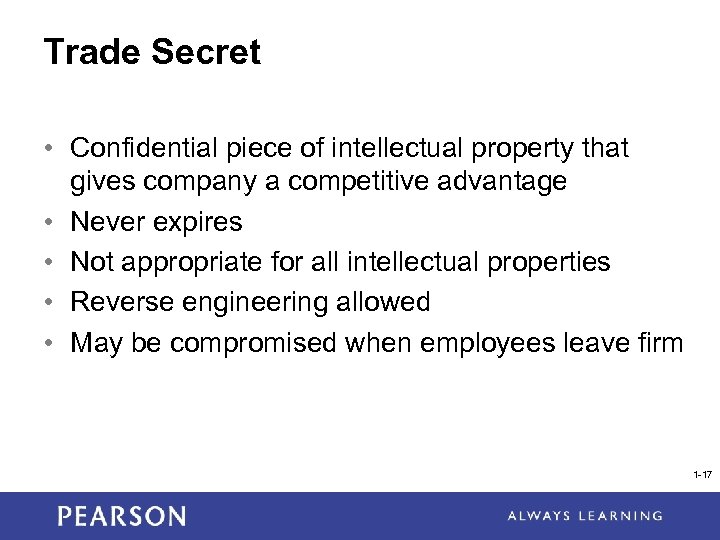 Trade Secret • Confidential piece of intellectual property that gives company a competitive advantage