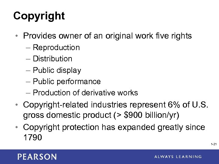 Copyright • Provides owner of an original work five rights – Reproduction – Distribution