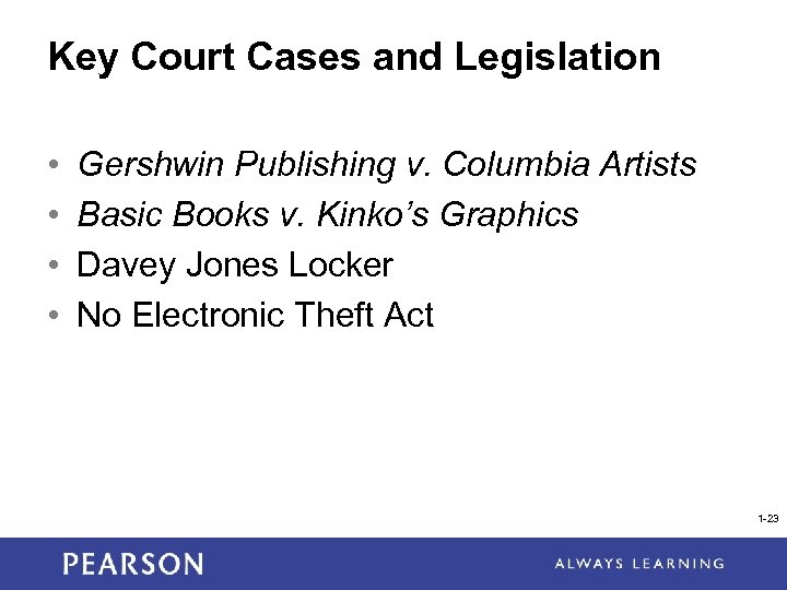 Key Court Cases and Legislation • • Gershwin Publishing v. Columbia Artists Basic Books