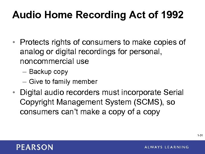 Audio Home Recording Act of 1992 • Protects rights of consumers to make copies