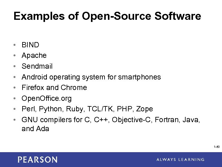 Examples of Open-Source Software • • BIND Apache Sendmail Android operating system for smartphones