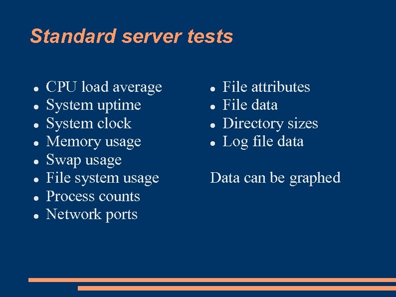 Standard server tests CPU load average System uptime System clock Memory usage Swap usage