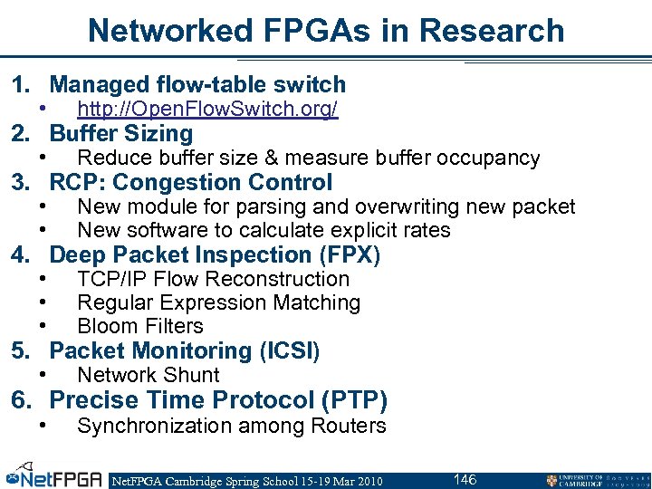 Networked FPGAs in Research 1. Managed flow-table switch • http: //Open. Flow. Switch. org/