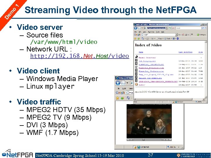 De m o 1 Streaming Video through the Net. FPGA • Video server –