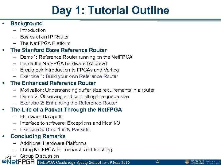 Day 1: Tutorial Outline • Background – Introduction – Basics of an IP Router