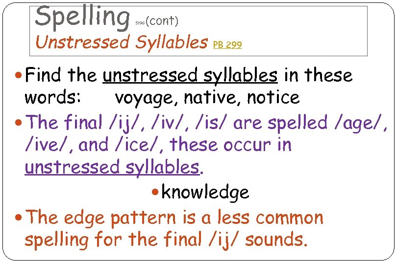 Spelling 519 G (cont) Unstressed Syllables PB 299 Find the unstressed syllables in these