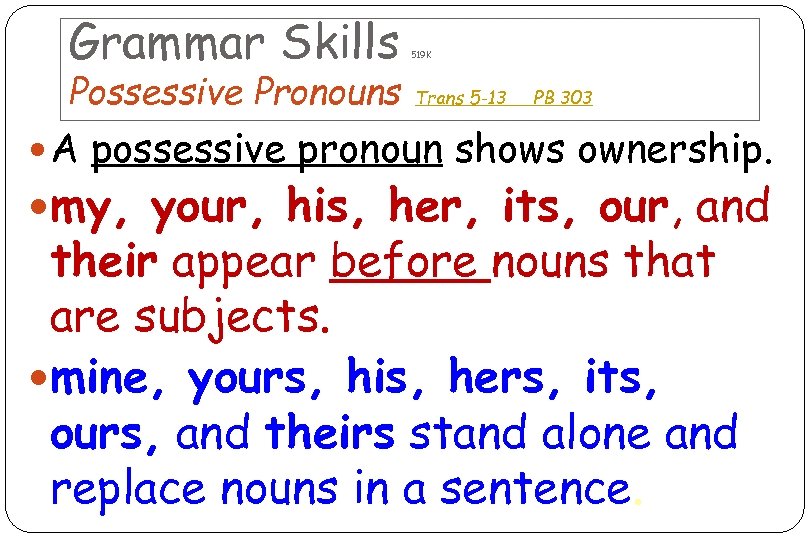 Grammar Skills Possessive Pronouns 519 K Trans 5 -13 PB 303 A possessive pronoun