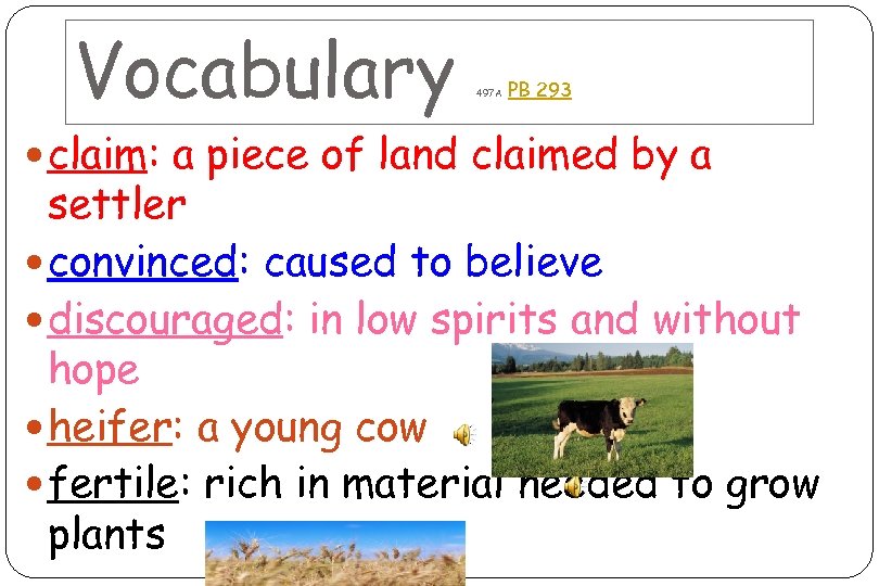 Vocabulary 497 A PB 293 claim: a piece of land claimed by a settler