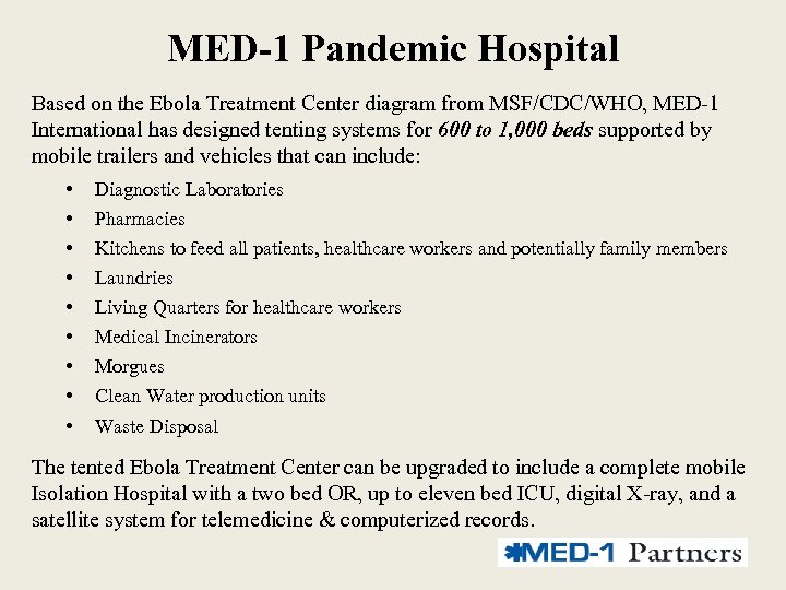 MED-1 Pandemic Hospital Based on the Ebola Treatment Center diagram from MSF/CDC/WHO, MED-1 International