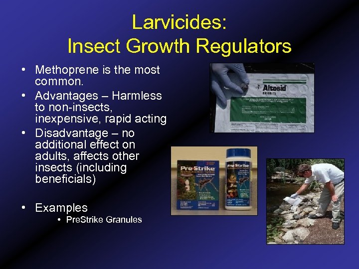 Larvicides: Insect Growth Regulators • Methoprene is the most common. • Advantages – Harmless