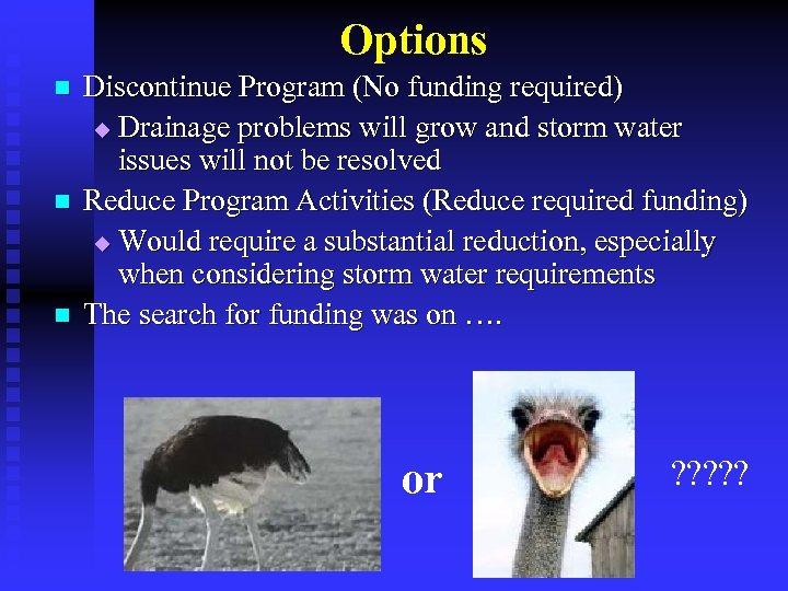 Options n n n Discontinue Program (No funding required) u Drainage problems will grow