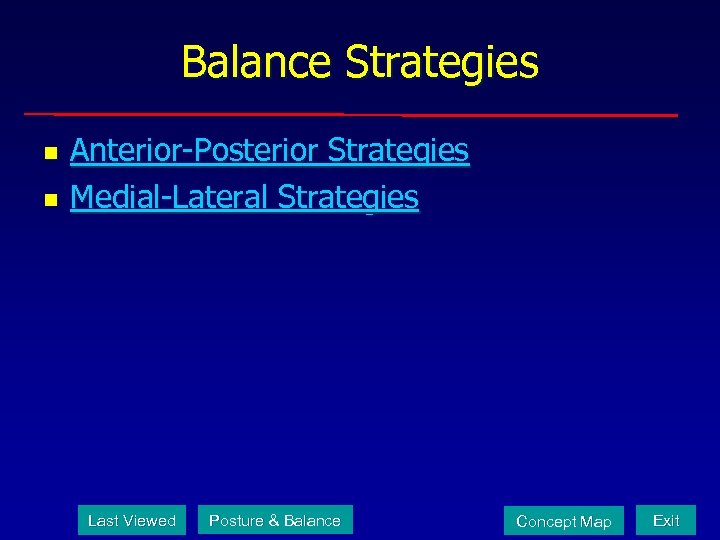 Balance Strategies n n Anterior-Posterior Strategies Medial-Lateral Strategies Last Viewed Posture & Balance Concept
