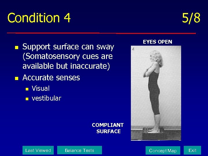 Condition 4 n n 5/8 Support surface can sway (Somatosensory cues are available but