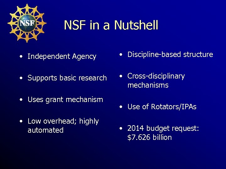 NSF in a Nutshell • Independent Agency • Discipline-based structure • Supports basic research