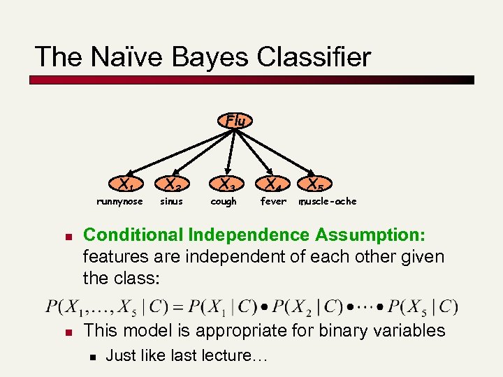 The Naïve Bayes Classifier Flu X 1 runnynose n n X 2 sinus X