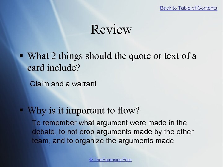 Back to Table of Contents Review § What 2 things should the quote or
