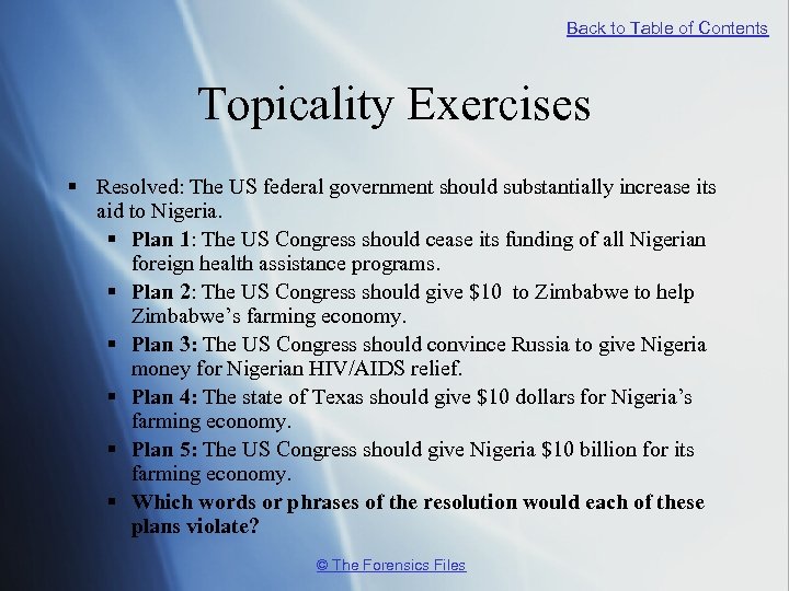 Back to Table of Contents Topicality Exercises § Resolved: The US federal government should