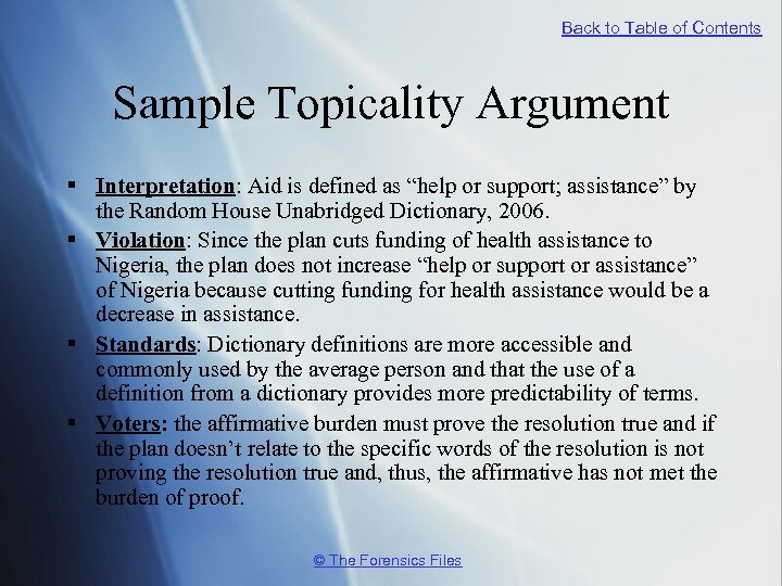 Back to Table of Contents Sample Topicality Argument § Interpretation: Aid is defined as