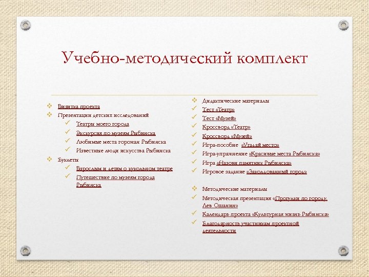 Учебно-методический комплект v Визитка проекта v Презентации детских исследований ü Театры моего города ü