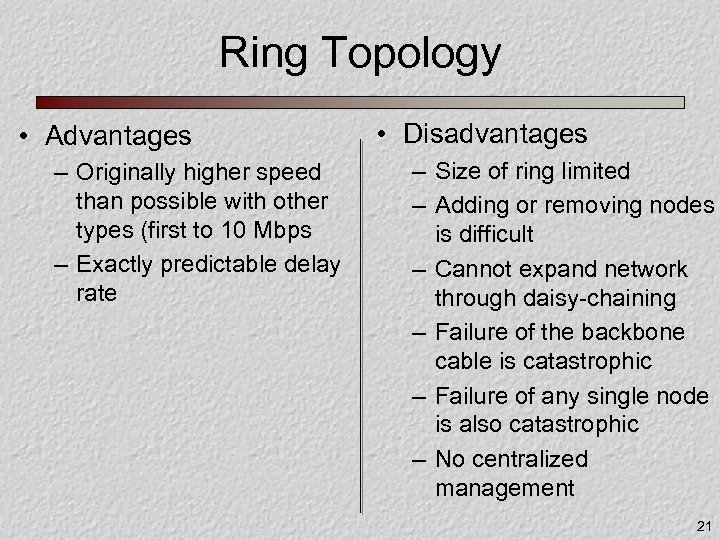 Ring Topology • Advantages – Originally higher speed than possible with other types (first