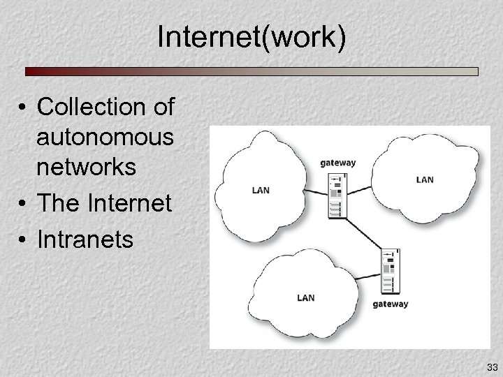 Internet(work) • Collection of autonomous networks • The Internet • Intranets 33 