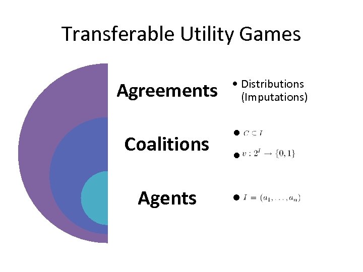 Transferable Utility Games Agreements • Distributions (Imputations) Coalitions • • Agents • 