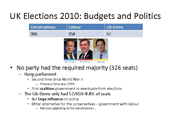 UK Elections 2010: Budgets and Politics Conservatives Labour Lib-Dems 306 258 57 • No