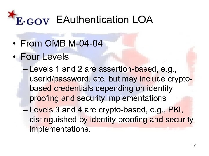 EAuthentication LOA • From OMB M-04 -04 • Four Levels – Levels 1 and