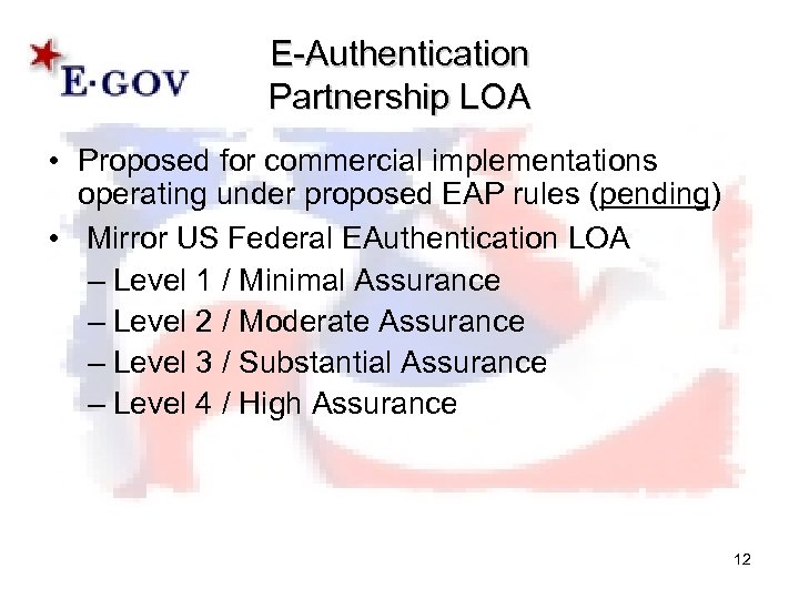 E-Authentication Partnership LOA • Proposed for commercial implementations operating under proposed EAP rules (pending)