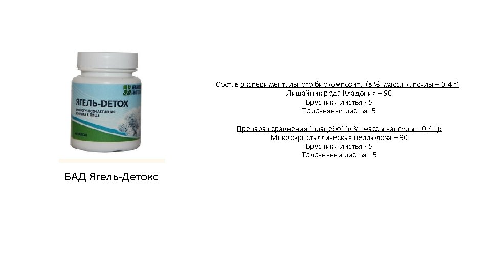 Состав экспериментального биокомпозита (в %, масса капсулы – 0, 4 г): Лишайник рода Кладония