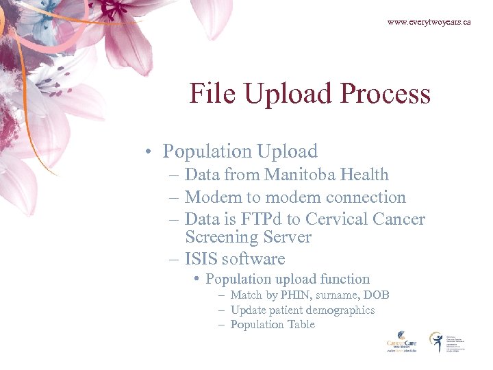 www. everytwoyears. ca File Upload Process • Population Upload – Data from Manitoba Health