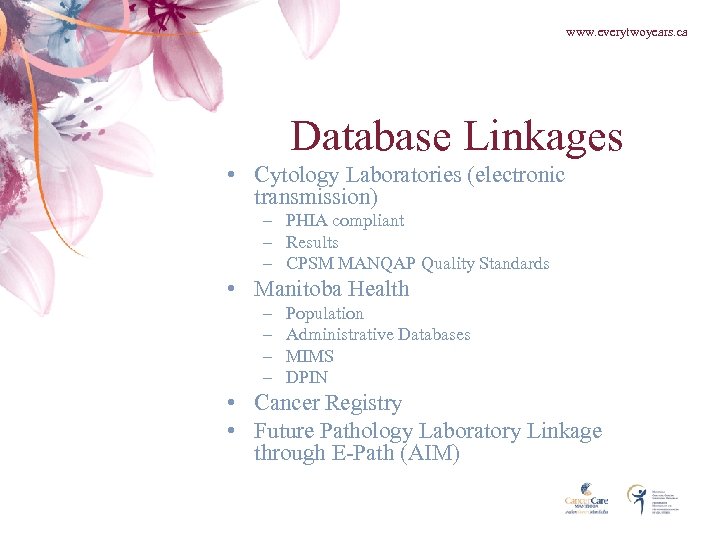 www. everytwoyears. ca Database Linkages • Cytology Laboratories (electronic transmission) – PHIA compliant –