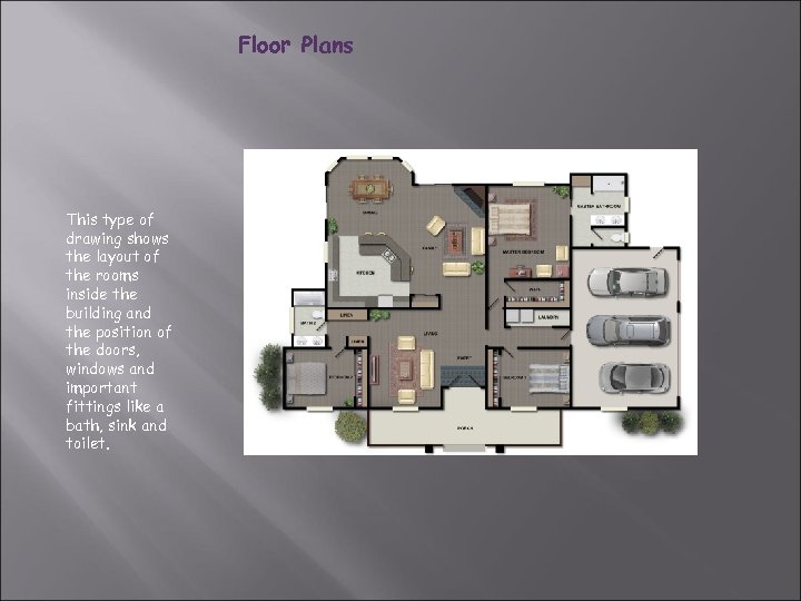 Floor Plans This type of drawing shows the layout of the rooms inside the