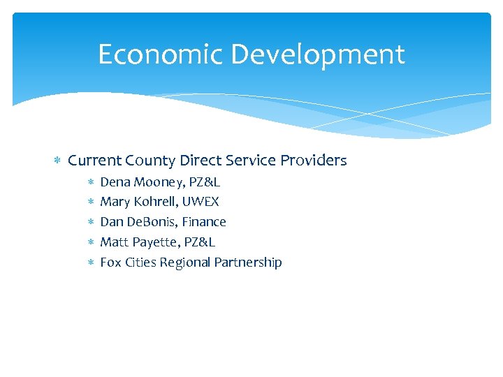 Economic Development Current County Direct Service Providers Dena Mooney, PZ&L Mary Kohrell, UWEX Dan