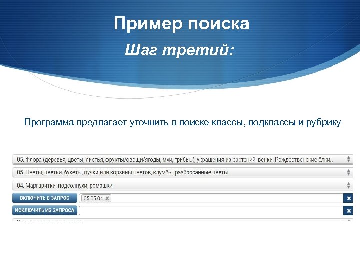 Пример поиска Шаг третий: Программа предлагает уточнить в поиске классы, подклассы и рубрику 