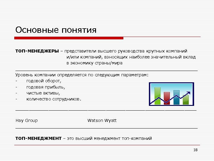 Основные понятия ТОП-МЕНЕДЖЕРЫ – представители высшего руководства крупных компаний и/или компаний, взносящих наиболее значительный