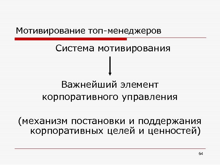 Мотивирование топ-менеджеров Система мотивирования Важнейший элемент корпоративного управления (механизм постановки и поддержания корпоративных целей
