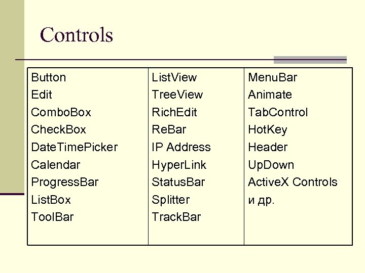 Controls Button Edit Combo. Box Check. Box Date. Time. Picker Calendar Progress. Bar List.