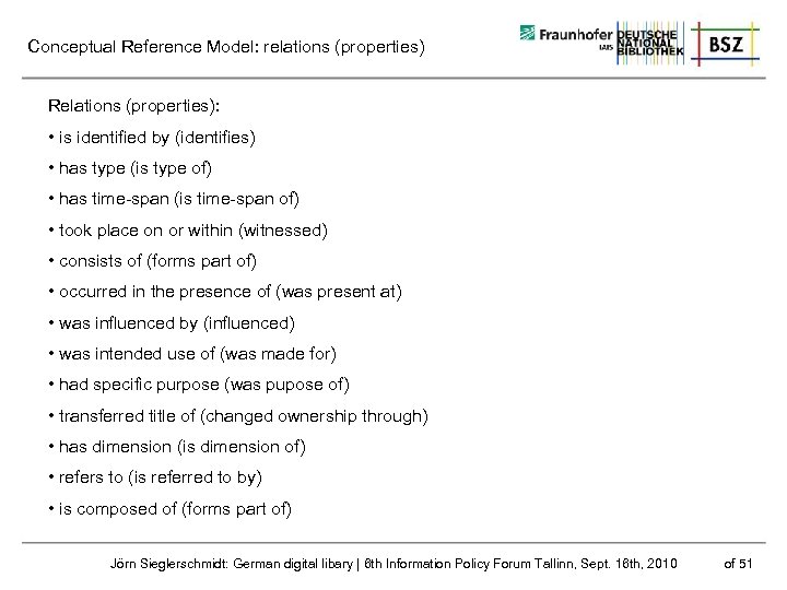 Conceptual Reference Model: relations (properties) Relations (properties): • is identified by (identifies) • has