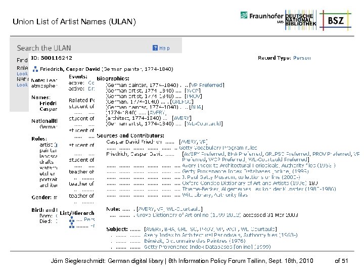 Union List of Artist Names (ULAN) Jörn Sieglerschmidt: German digital libary | 6 th