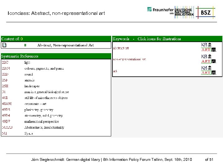 Iconclass: Abstract, non-representational art Jörn Sieglerschmidt: German digital libary | 6 th Information Policy