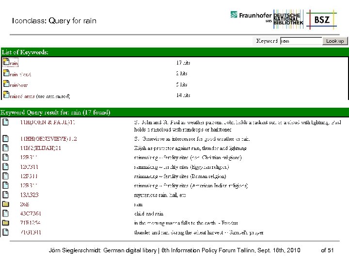 Iconclass: Query for rain Jörn Sieglerschmidt: German digital libary | 6 th Information Policy