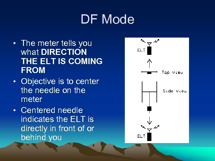 DF Mode • The meter tells you what DIRECTION THE ELT IS COMING FROM